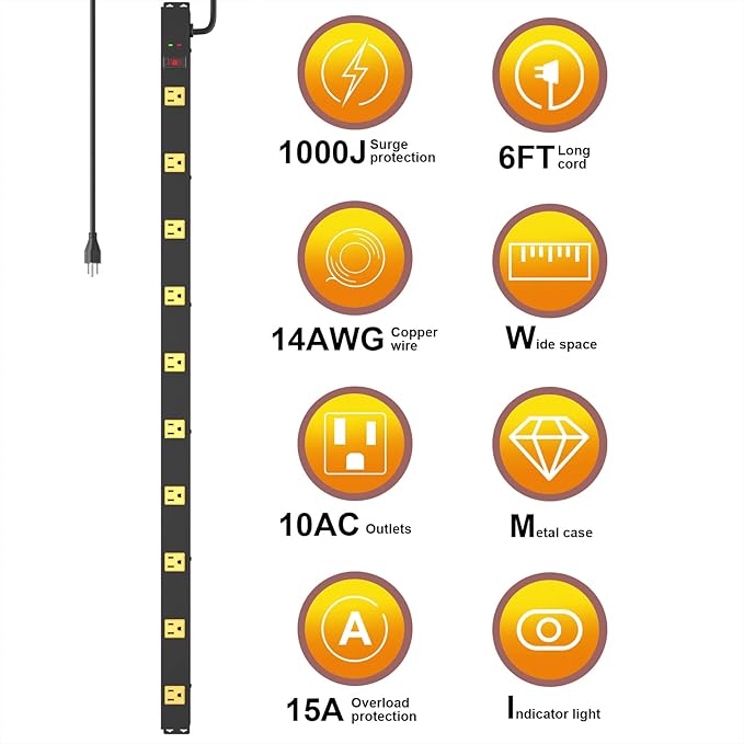 10 Outlet Surge Protector, Long Metal Wide Spaced Garage Industrial Power Strip, Heavy Duty with 6 FT Cord, 15A, 125V, 1875W, 2700 Joules, 2Pack, SGS Listed-DeskLoop Office