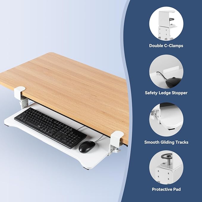 VUSIGN Keyboard Tray Under Desk Height Adjustable,Pull Out with Adjustable C Clamp Mount System for L-Shaped Tables, Extra Sturdy, 26.4” x 11.8” Slide-Out Platform Computer Drawer for Typing,White-DeskLoop Office