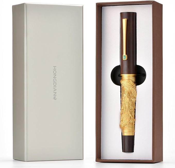 Hongdian N24 Fountain Pen Fine Nib, Golden Dragon Stereoscopic Carving with Red Wood Design-DeskLoop Office
