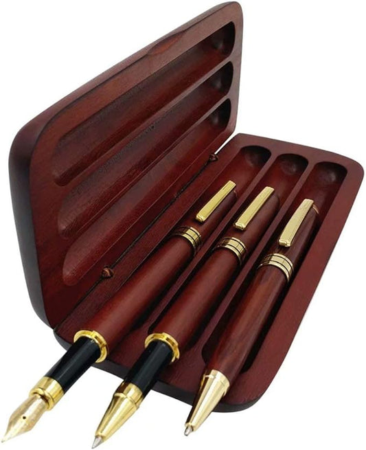 3 Pcs Wooden Pens Set with Gift Case/Best Writing Fountain Fancy Ballpoint Pen and Luxury Gel Pen with Ink Refills, Promotional Business Designer Pens-DeskLoop Office
