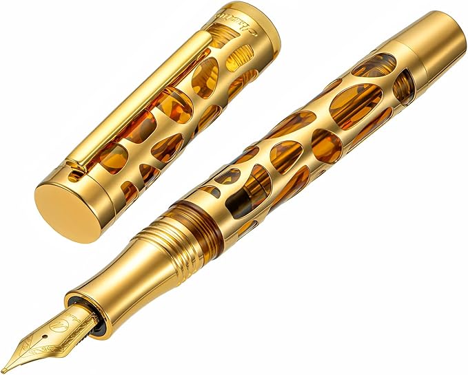 Asvine V169 Vacuum Filling Fountain Pen Medium Nib, Water Drop Skeleton Gold Trim Transparent Coffee Acrylic Pen Case Set