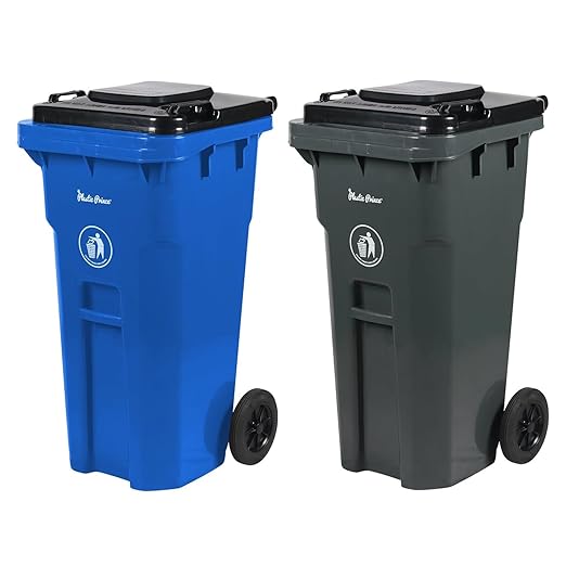 32 Gallon Trash Can with Wheels and Lid, Rolling Recycling Bin Outdoor with Wheels, Commercial Wheeled Garbage Can for Home Garage Office, Set of Blue and Gray-DeskLoop Office