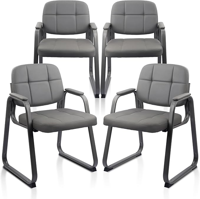 CLATINA Waiting Room Guest Chair with Bonded Leather Padded Arm Rest for Office Reception and Conference Desk Black with Sled Base Grey 4 Pack-DeskLoop Office