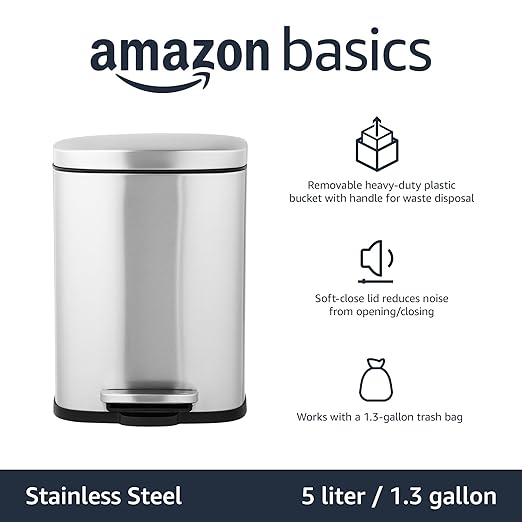 Amazon Basics Smudge Resistant Mini Rectangular Trash Can With Soft-Close Foot Pedal, Brushed Stainless Steel, for Bathroom & small space, 5 L /1.32 Gal, Satin Nickel Finish, 7.3x8.5 x11.8 in (LxWxH)-DeskLoop Office