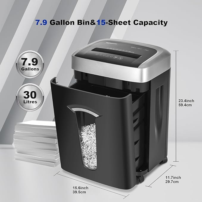 120-Minute Paper Shredder - 15-Sheet Capacity, 30L(7.9 Gallon) Bin, 58dB Quiet Operation, P4 Cross-Cut Heavy-Duty Shredder for Home & Office Use