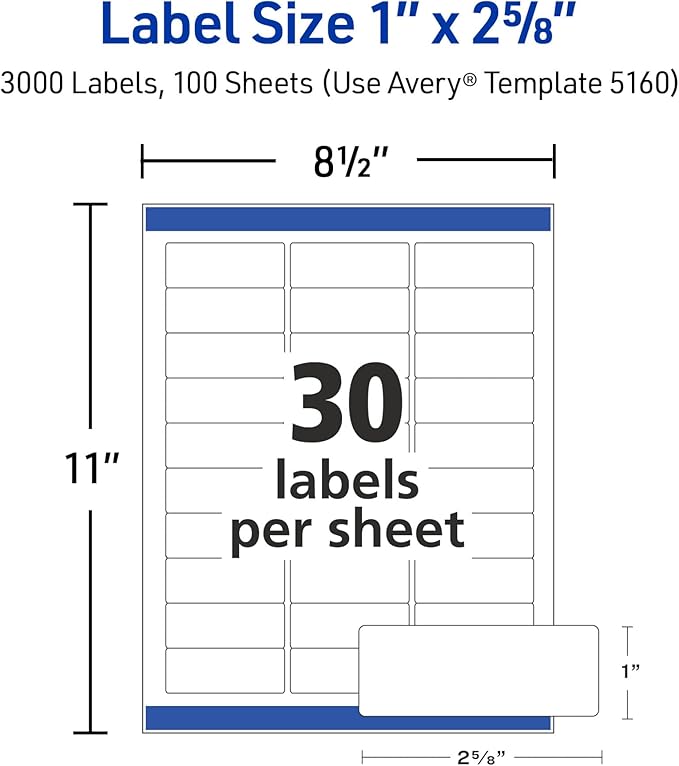 Avery Easy Peel Printable Address Labels with Sure Feed, 1" x 2-5/8" Customizable Stickers, White, 15,000, Great for Mailing, Shipping, and More (5-Pack of 5160)-DeskLoop Office
