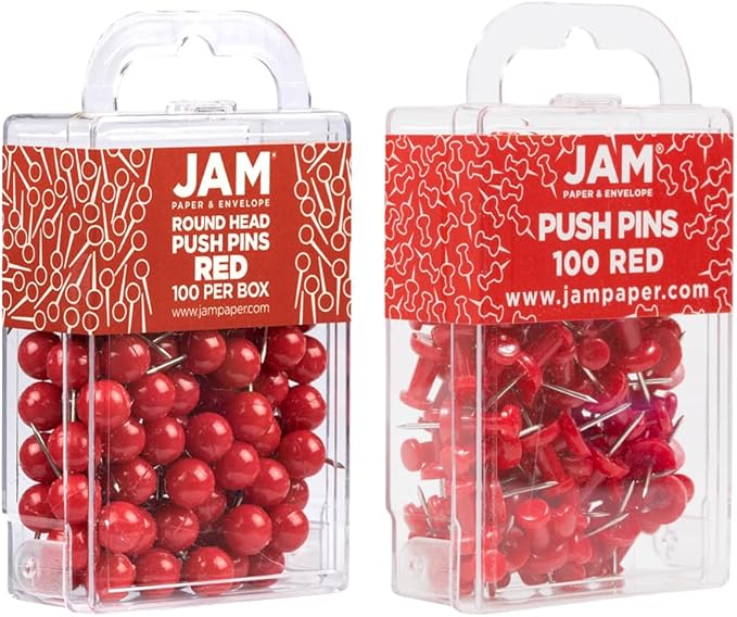 JAM PAPER Colorful Push Pins - Flat & Round Head Thumb Tack Combo Set - Red Pushpins - 200/Pack-DeskLoop Office