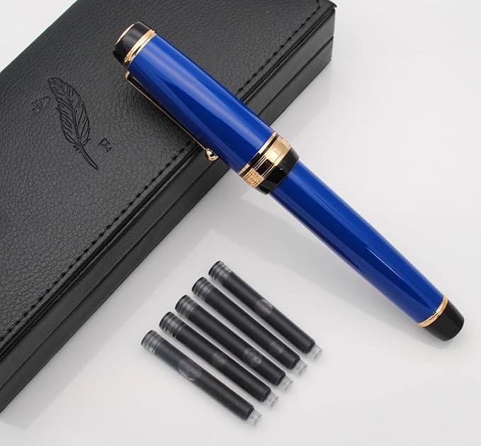 Metal Big Fountain Pen Set Medium Nib 0.7mm, Includes Ink Refill Converter, 5 Ink Cartridges & Gift Box (Medium Nib 0.7mm, Blue)-DeskLoop Office