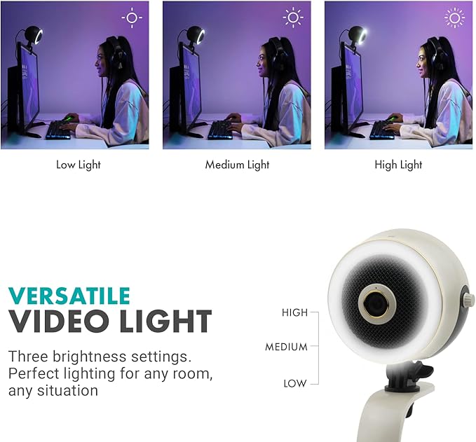 Movo WebMic HD Pro All-in-One Webcam with Mic and Ring Light in Pearl White- 1080p HD Camera, Pro Cardioid Condenser Microphone, LED Ring Light -HD Webcam For Streaming, Video Calls, Recording, Gaming-DeskLoop Office