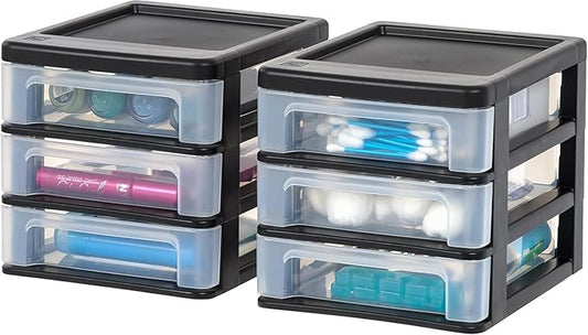 IRIS USA Plastic Stacking Desk Top 3-Drawer Storage Organizer, 2-Pack, for Makeup Vanity Nail Polish Bathroom Stationery Art Craft Supplies Kitchen Office Garage and Small Organization, Small, Black-DeskLoop Office