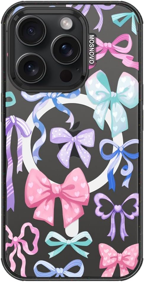 MOSNOVO Magnetic Case for iPhone 15 Pro, 10ft Military-Grade Protection, Compatible with Magsafe, Shockproof Phone Case for iPhone 15 Pro - Bows - Clear Black-DeskLoop Office