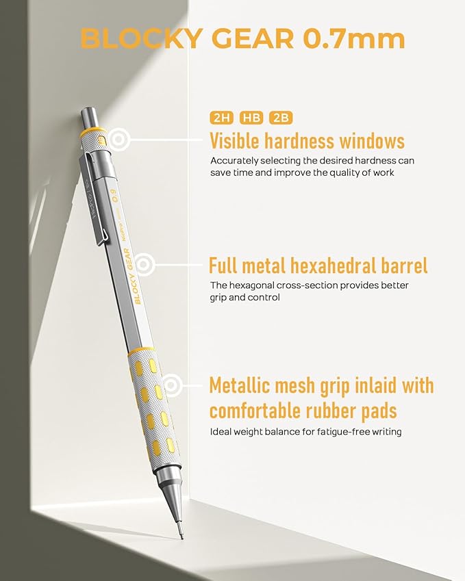Nicpro Blocky Gear 0.9 mm Mechanical Pencils Set in Case, Metal Pencil with 0.9mm HB Lead Refills, Eraser for Professional & Adult Art Writing Drafting Drawing-DeskLoop Office