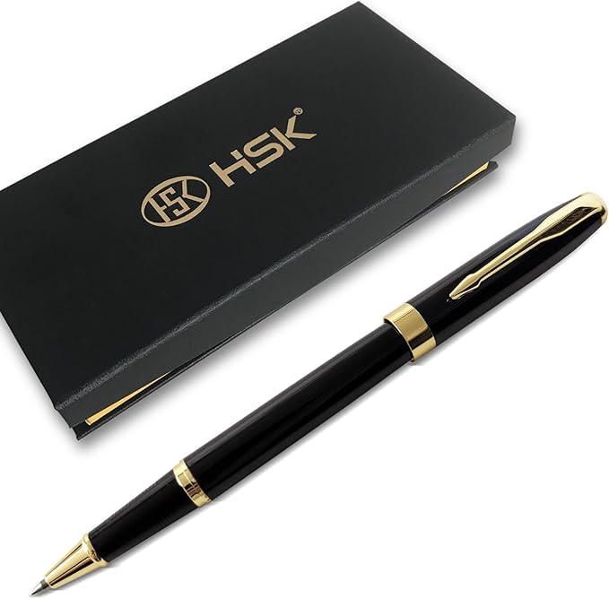 HSK Ballpoint Pens Executive Fountain Pen with Gold Trim, Gift Box Set, Available in Black, Red, Navy Blue,Black Refill Line width 0.5mm (Black)-DeskLoop Office