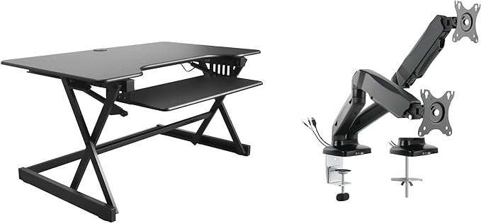Rocelco 40" Height Adjustable Standing Desk Converter with AC Outlet USB Charger and Dual Monitor Arm Mount - Sit Stand Up Tabletop Riser - Sliding Keyboard Tray - Black (R DADRB-40-ACUSB-MA2)-DeskLoop Office