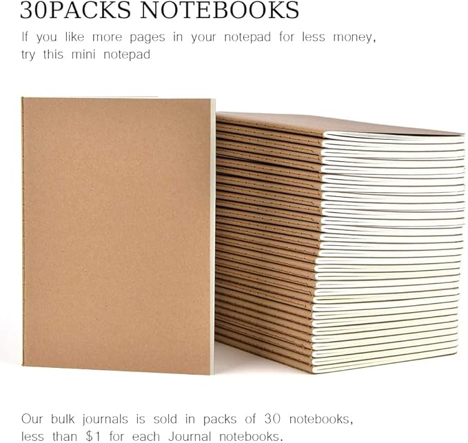 30 Pack Journal Notebook, Kraft Cover Lined Paper Journal for Traveler, Notes, Memo - Bulk Journals Sewn Brown Notebook, 80 Pages, 8.3'' x 5.5''-DeskLoop Office