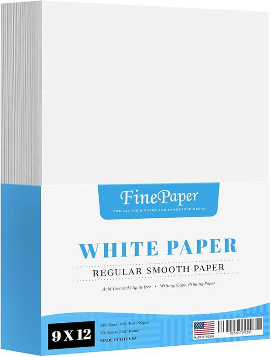 9" x 12" White Regular Paper – Multipurpose Office Paper for Copy, Printing and Writing | Inkjet and Laser Printer Compatible | 24lb Bond / 60lb Text / 90gsm – Smooth Finish | 250 Sheets per Pack-DeskLoop Office