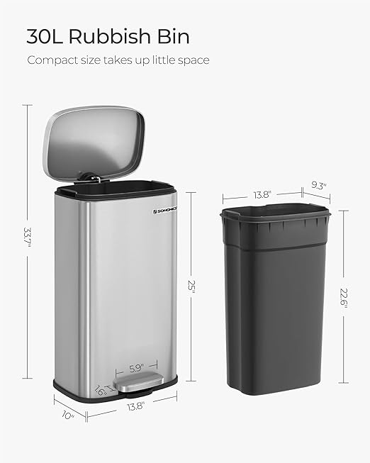 SONGMICS Trash Can with Lid, 8 Gallon Garbage Can, Stainless Steel Small Waste Bin with Step Pedal and Inner Bucket, Soft Close, Kitchen, Silver ULTB03NL-DeskLoop Office