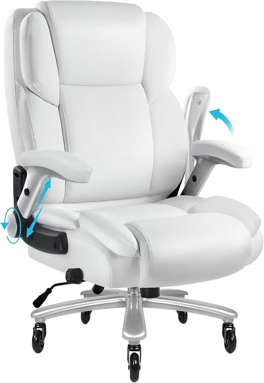 Big and Tall Office Chair 600lbs, Ergonomic Heavy Duty Executive Office Chair, High Back Office Leather Chair with Adjustable Armrests and Lumbar Support, White Big Tall Chair for Heavy People-DeskLoop Office