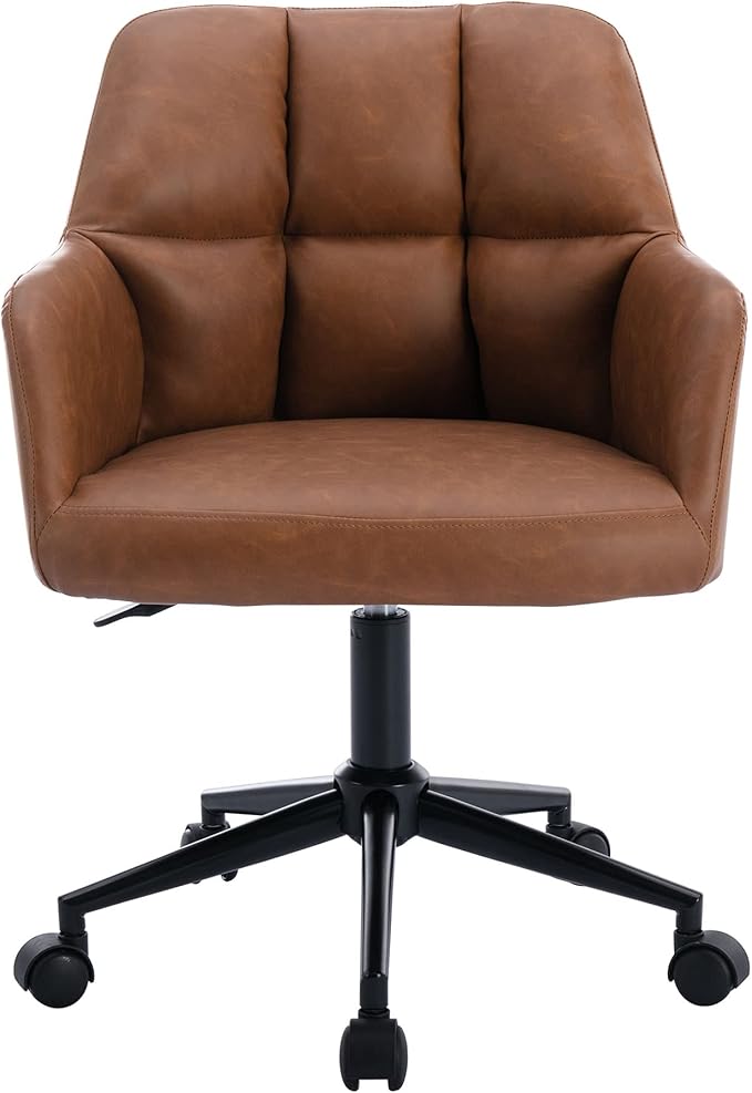 VESCASA Adjustable Home Office Desk Chair with Comfy Square Tufted Mid-Back, Faux Leather 360 Swivel Upholstered Task Armchair with Wheels for Teens Bedroom/Living Room, Brown-DeskLoop Office