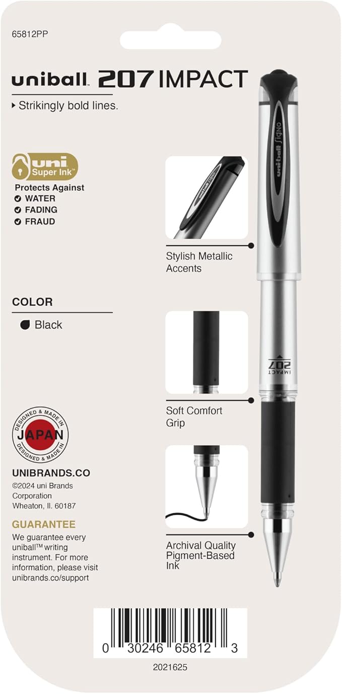 uni-ball Signo 207 Impact Stick Gel Pen, 4 Black Pens, 1.0mm Bold Point Gel Pens, Smooth Writing, Archival-Quality Ink, Acid-Free, Superior Comfort-DeskLoop Office