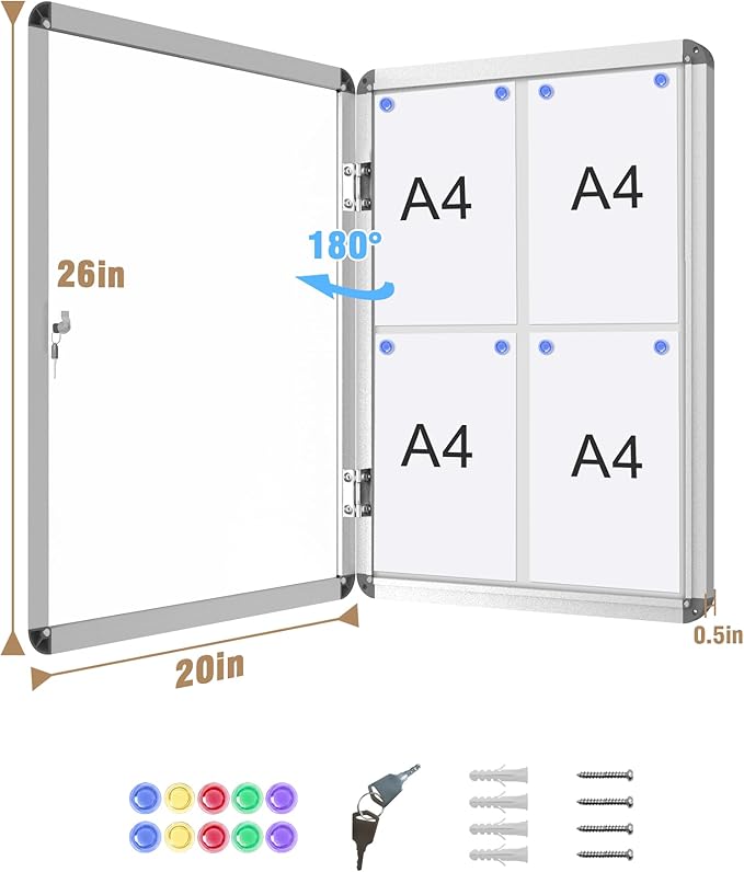 26"x20" Enclosed Bulletin Board, Lockable Weather-Resistant Aluminum Noticeboard for School & Office, Silver Frame w/Magentic Whiteboard-DeskLoop Office