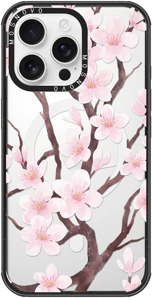 MOSNOVO Magnetic Case for iPhone 16 Pro Max, 10ft Military-Grade Protection, Compatible with Magsafe, Shockproof Phone Case for iPhone 16 Pro Max - Cherry Blossom - Clear Black-DeskLoop Office