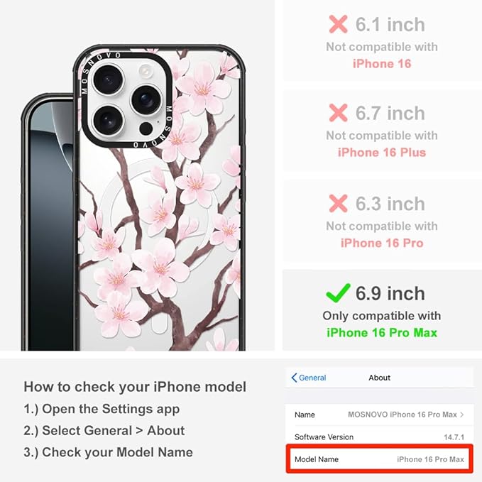 MOSNOVO Magnetic Case for iPhone 16 Pro Max, 10ft Military-Grade Protection, Compatible with Magsafe, Shockproof Phone Case for iPhone 16 Pro Max - Cherry Blossom - Clear Black-DeskLoop Office