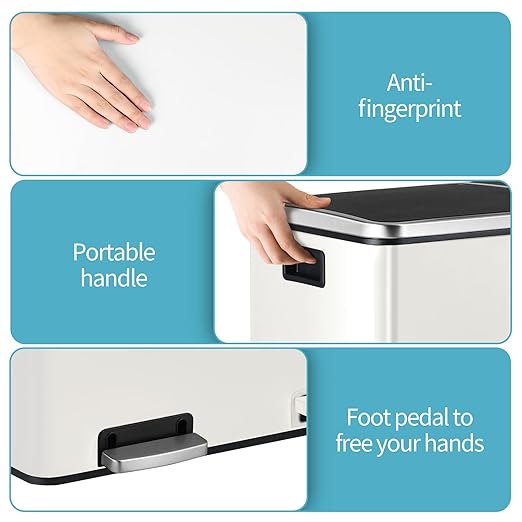 16 Gallon Rectangular Stainless Steel Trash Can, Dual Compartment Garbage Bin with Recycling Combo, Metal Dustbin Lid, Removable Liner, Indoor Hands Free Waste Bucket for Kitchen Home-DeskLoop Office