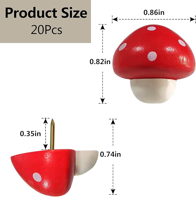 Wooden Mushroom Pushpins, 20pcs Decorative Thumbtack Cute Thumb Nails Mushroom Thumb Tacks for Home Office Classroom Photos Wall, Maps, Bulletin Board, Cork Boards Hanging Posters-DeskLoop Office