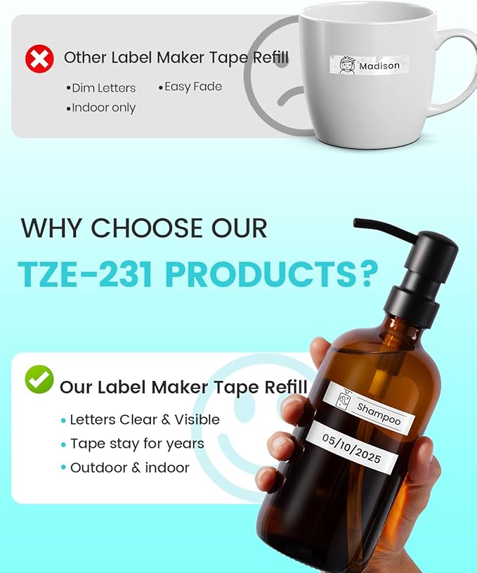 Airmall 12mm .47 Laminated White Tz Tape Compatible with Brother Label Maker Tape Refill TZe-231 TZe231 Replace for Brother P Touch D210 D200 D400 1280 1290 1880, Black on White 1/2 Inch, 5-Pack-DeskLoop Office