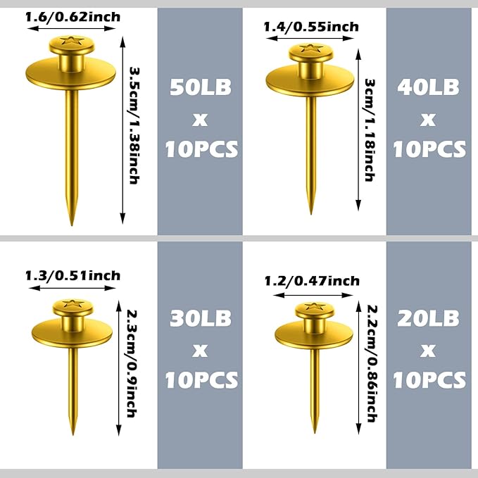 Zhengmy 40 Pcs Double Headed Picture Hangers Nails 4 Size Long Thumb Tacks Wall Nails for Hanging Pictures Decorative Push Pins Hooks for Drywall Photo Office Home Decor, 20/30/ 40/ 50lb(Gold)-DeskLoop Office