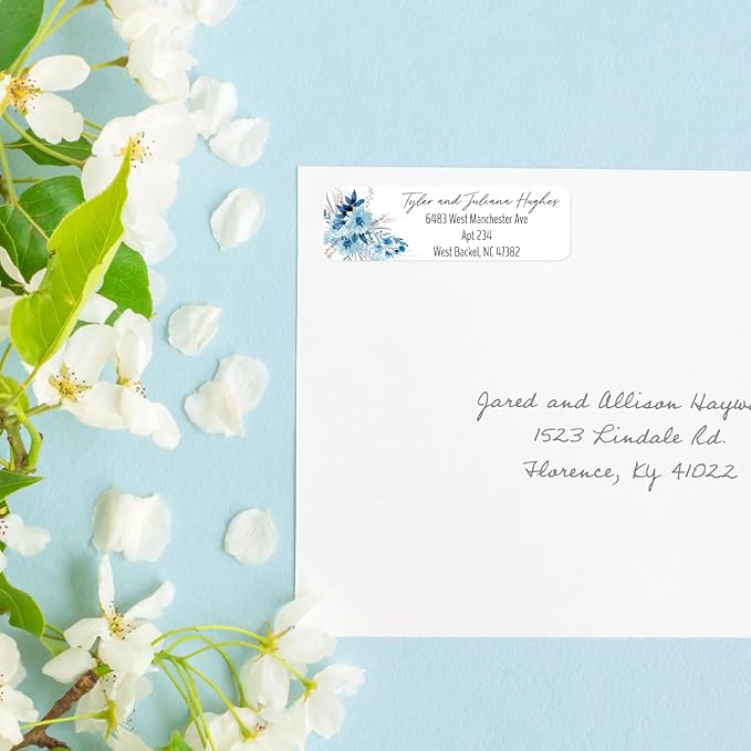 Blue Floral Rolled Address Labels / 500 Personalized Return Address Labels/Designer Address Stickers in Elegant Plastic Dispenser-DeskLoop Office