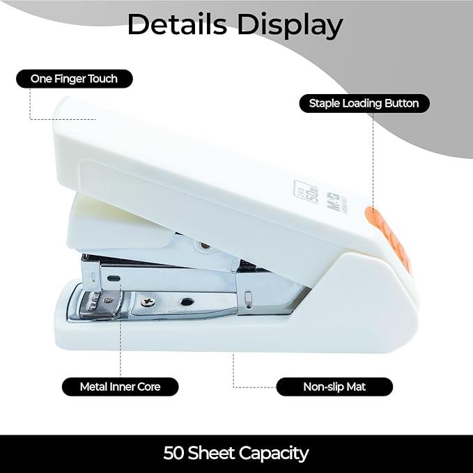 M&G Effortless Stapler 50 Sheet Capacity One-Touch Stapling, Heavy Duty Desktop Stapler Includes 1000 Staples and Remover, Portable Handheld Staplers for Home & Office (White)-DeskLoop Office