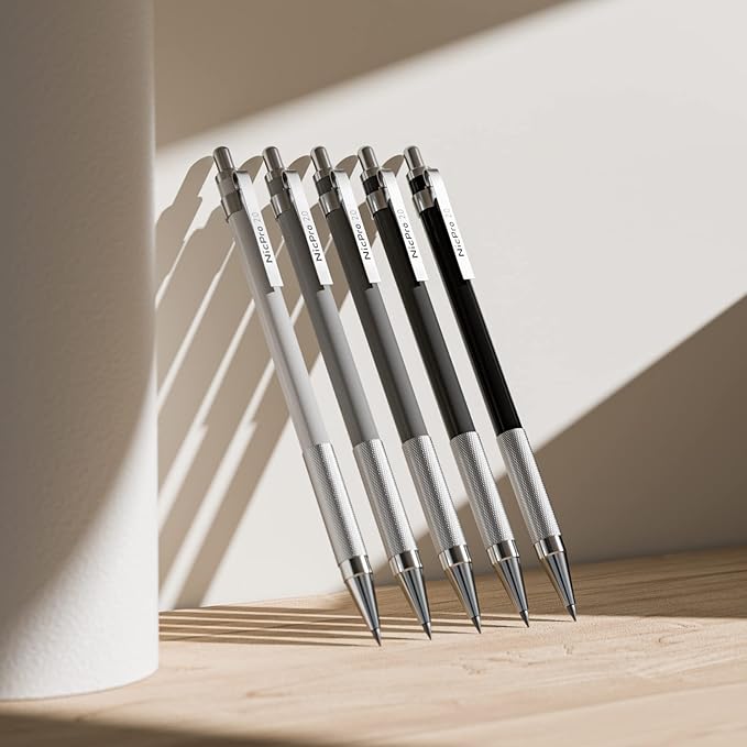 Nicpro 17PCS Metal 2mm Mechanical Pencil Set in Leather Case, 5 PCS 2.0 mm Lead Pencil Holders (4B 2B HB 2H 4H) 6 Tube Black Colored Lead Refills, Erasers, Sharpener For Art Drafting Sketching Drawing-DeskLoop Office