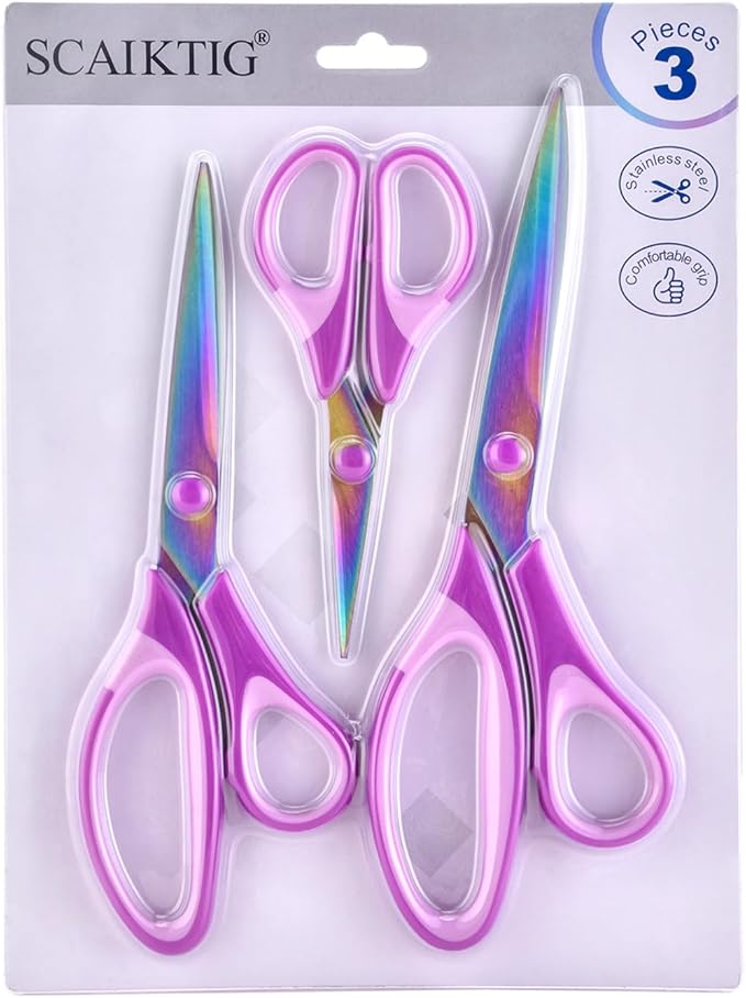 Craft Scissors Set of 3 Pack, All Purpose Sharp Titanium Blades Shears, Comfort Grip Handle, Multipurpose Fabric Scissors Tool Great for Adults, Office, Sewing, School and Home Supplies, Purple-DeskLoop Office