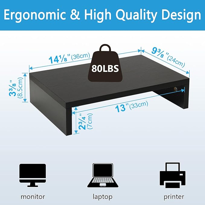 TEAMIX 14.2 inch Monitor Stand Riser, Wood Monitor Riser with Storage for Desk Small Monitor Stand TV/Screen/PC/Laptop Riser Computer Stand Desktop Shelf (Black-14.2 inch)-DeskLoop Office