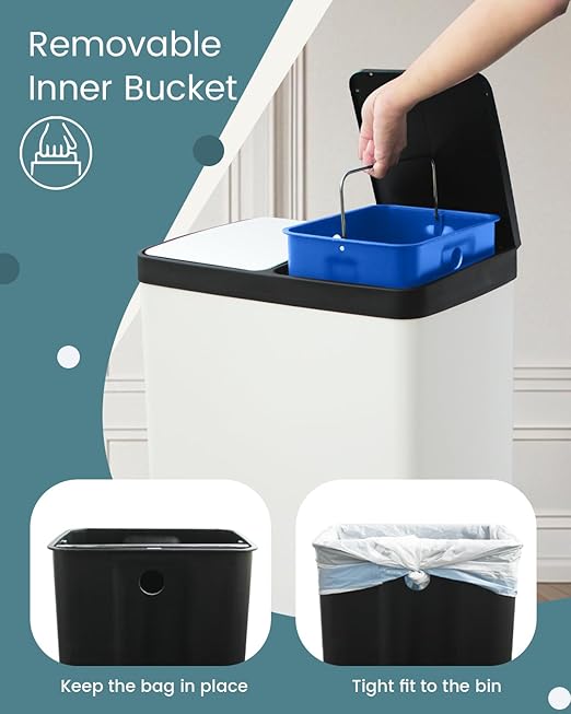 60L Dual Compartment Stainless Steel Trash Can, 16 Gallon White Kitchen Garbage Bin with Silent Sealed Lids, Pedal & Recyclable Waste Bins for Home/Office-DeskLoop Office