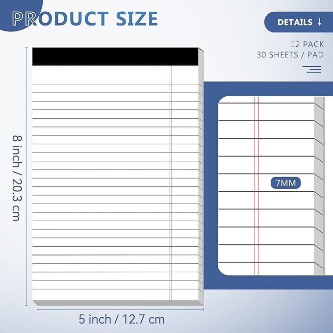 5" x 8" Note Pads 12 Pack of Legal Pads 30 Sheets Notepad College Ruled Small Writing Pads Perforated Pages Paper Pads 80GSM Heavyweight Paper Note Pads for Home, Office, or School-DeskLoop Office