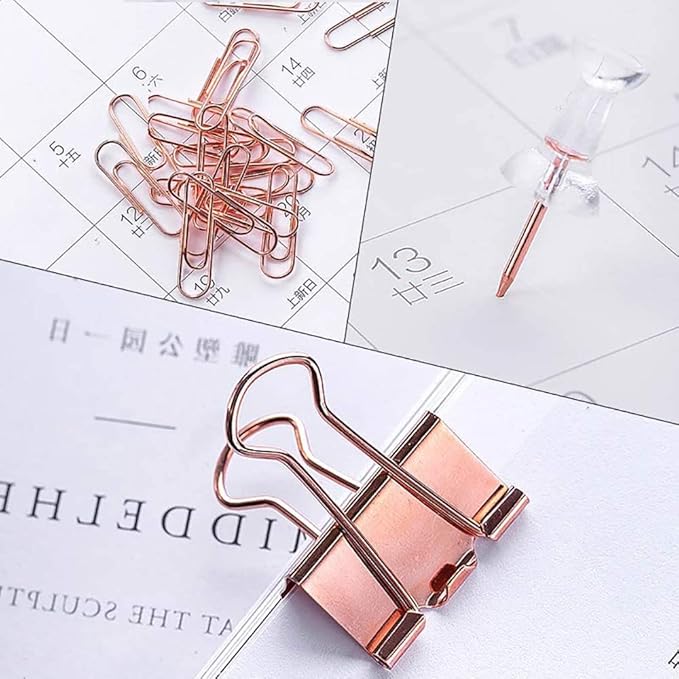 Paper Clips and Binder Clips Set, Metal Assorted Sized Binders with Push Pins, Cute Office Supplies for Desk, Desk Accessories, Rosegold-DeskLoop Office