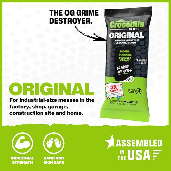 Crocodile Cloth Original Cleaning Wipes – 10 (15” x 10”) Hand & Tool Industrial Cleaning Wipes – Large Multi-Surface Cleaning Cloths, Water-Based Solution with Extreme Cleaning Power — Safe on Skin-DeskLoop Office