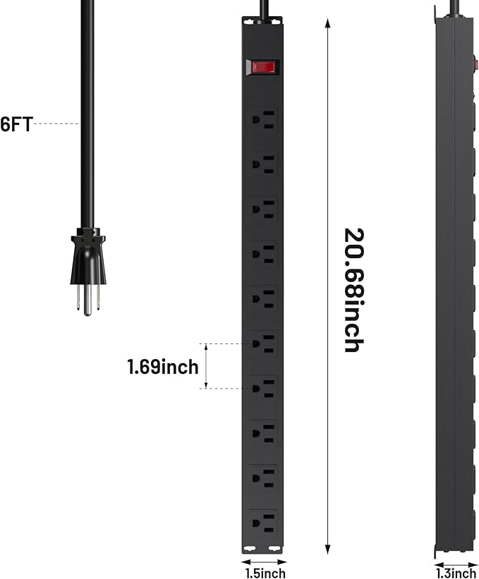 10 Outlet Power Strip 6FT Long Extension Cord Heavy Duty Power Strip Wall Mount Outlet Metal for Kitchen,Office,School,Garage,Workshop,Industrial,125V/15A/1825W,Black(6FT)-DeskLoop Office