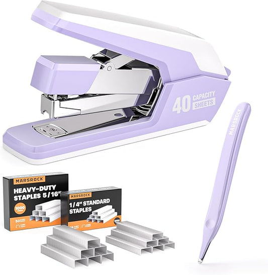 Effortless Stapler for Desk with 40-50 Sheet Capacity, 2000 Staples, 1-Touch Stapling, Ergonomic & Easy to Load Desktop Staplers, Heavy Duty Stapler, and Magnetic Staple Remover, Purple-DeskLoop Office