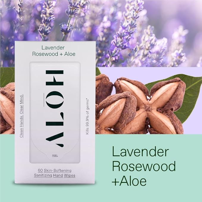 ALŌH Lavender Rosewood + Aloe Sanitizing Hand Wipes - Clean Hands, Clear Mind - On The Go Hand Sanitizer Wipes for Kids and Adults - Travel Size 6 Pack, 20ct (120 wipe)-DeskLoop Office