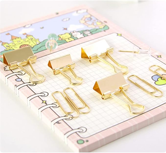 Gold Paper Binder and Clips Set, Metal Assorted Sized Binders with Push Pins, Cute Office Supplies, Teacher Desk Must Haves, Desk Accessories-DeskLoop Office