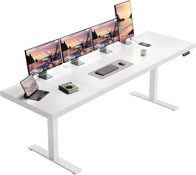 OffiGo Electric Standing Desk with 3-Piece Board, 79 Inch Height Adjustable Large Desk with Power Outlets, Sit Stand Table, Writing Computer Workstation for Home, Office, White-DeskLoop Office