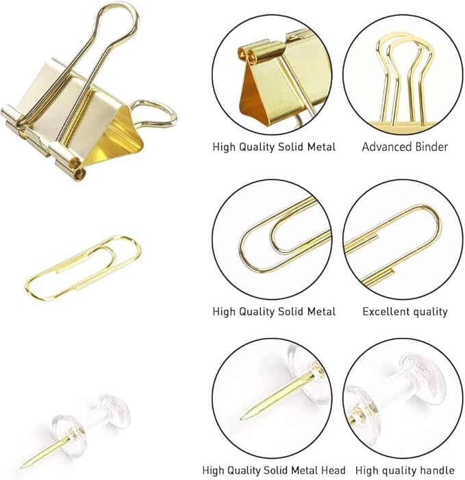 10 Pack, Gold Paper Clips and Binder Clips Set, Metal Assorted Sized Binders with Push Pins, Cute Gold Office Supplies for Desk, Desk Accessories-DeskLoop Office