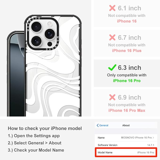 MOSNOVO Magnetic Case for iPhone 16 Pro, 10ft Military-Grade Protection, Compatible with Magsafe, Shockproof Phone Case for iPhone 16 Pro - White Swirl - Clear Black-DeskLoop Office