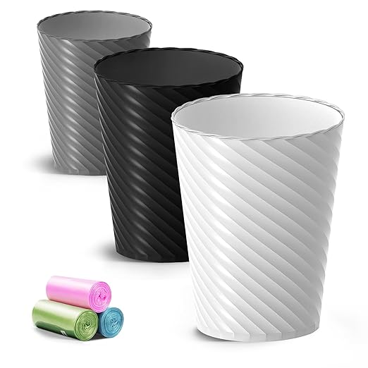 Bathroom Trash Can, 3 Pack 1.8 Gallons Small Trash Can with Trash Bags, Bathroom Garbage Can, Plastic Trash Bin, Round Waste Basket for Bedroom, Office, Room (White Black Grey)-DeskLoop Office
