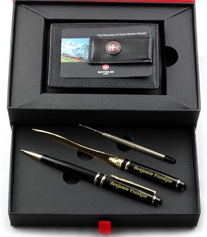 Free engraving - 24K Gold, Mens Leather Money Clips, Roller Ballpen, Ballpoint pen, Ball pen, Groomsmen Gift,Three Lines Each 20 Characters, Free Customization (Silver_Gift_Set)-DeskLoop Office