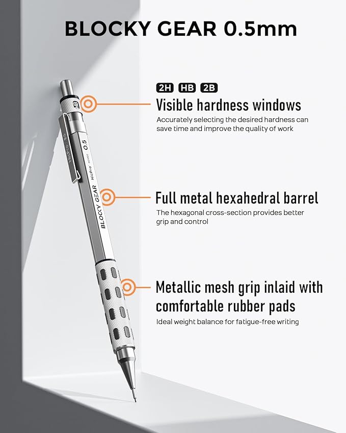 Nicpro Blocky Gear 0.5 mm Mechanical Pencil Set in Case, Metal Pencil with Lead Refills, Eraser for Professional & Adult Art Writing Drafting Drawing-DeskLoop Office